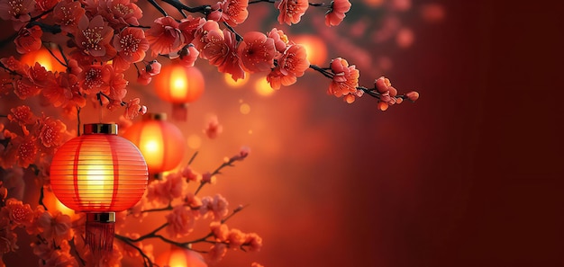 Photo photo illustration in the chinese style of elegant chinese lanterns with cherry blossoms on a red ba