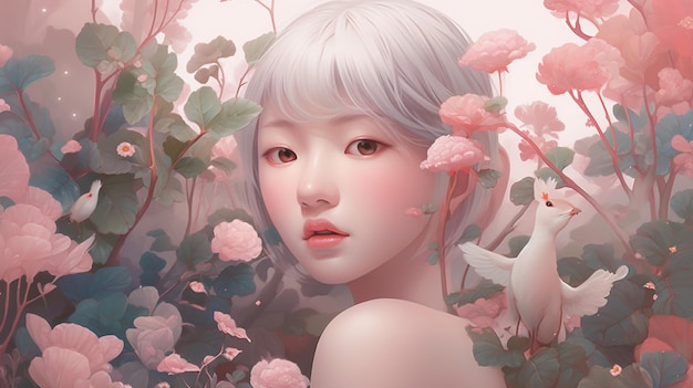 Photo Illustration of a girl with white hair and a white bird in front of a pink flower