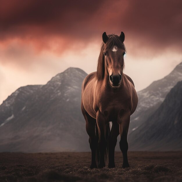 photo and illustration a horse in an open field in a mountain landscape