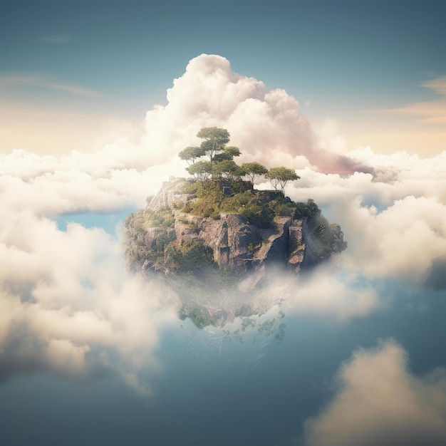 Photo illustration island above clouds isolated