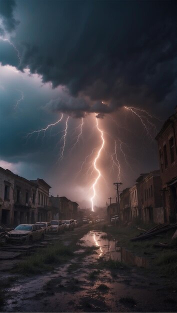 Foto illustrazione fotografica di fulmini con venti uraganici che distruggono edifici 4