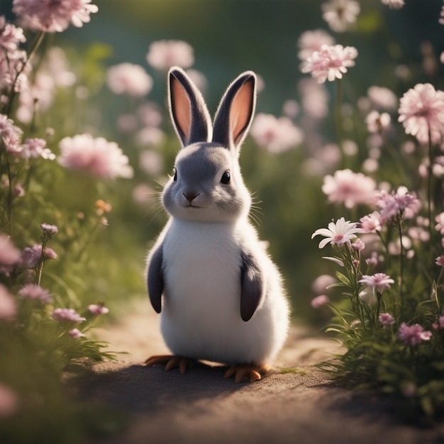 Photo illustration of little hare penguin with flowers children's style fairy tale wallpaper