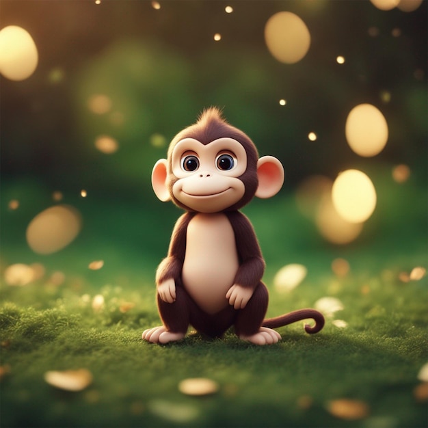 Photo illustration little monkey cartoon childish style fairy tale with bright blurred background