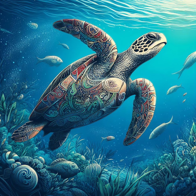 Photo illustration of a sea turtle swimming in a blue ocean with fish and coral in the background