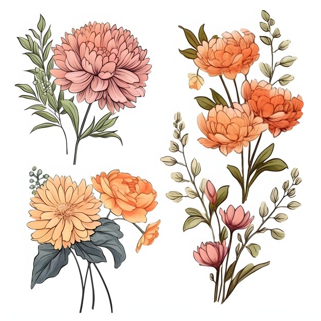 Photo photo illustration vintage hand drawn flowers set