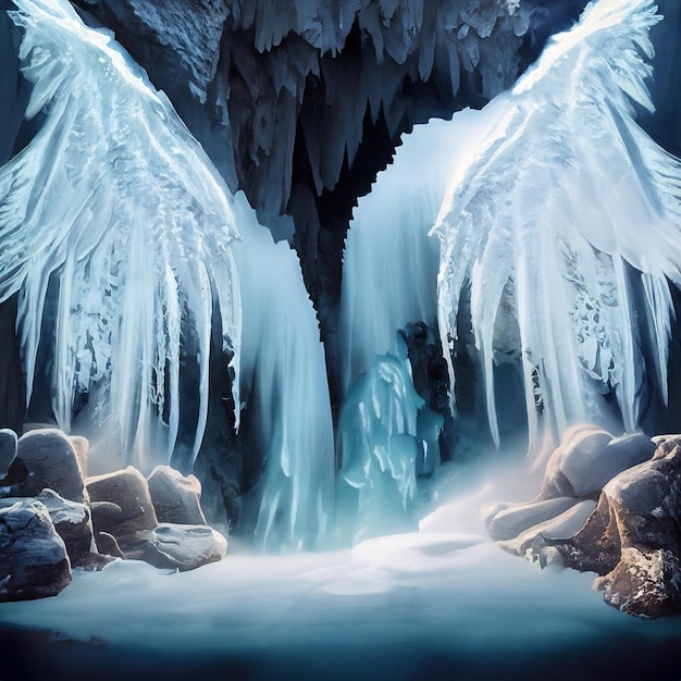 Photo photo an image of a frozen waterfall with angel wings generative ai