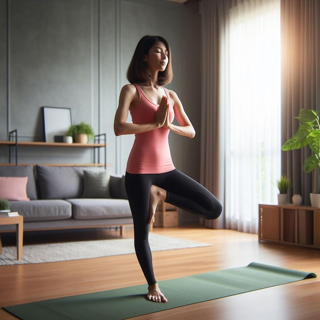 Photo image of woman practicing yoga beautiful yoga movements practicing yoga at home