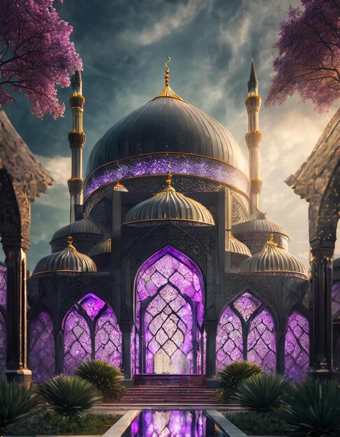 Photo a photo imagination of a mosque with a purple light on the top