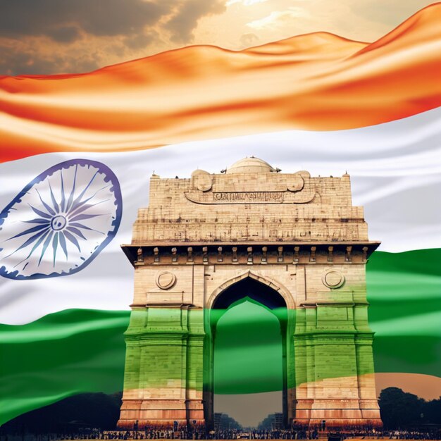 Photo a india flag front of india gate generated ai