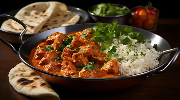 photo indian butter chicken in black bowl on black background generated by AI