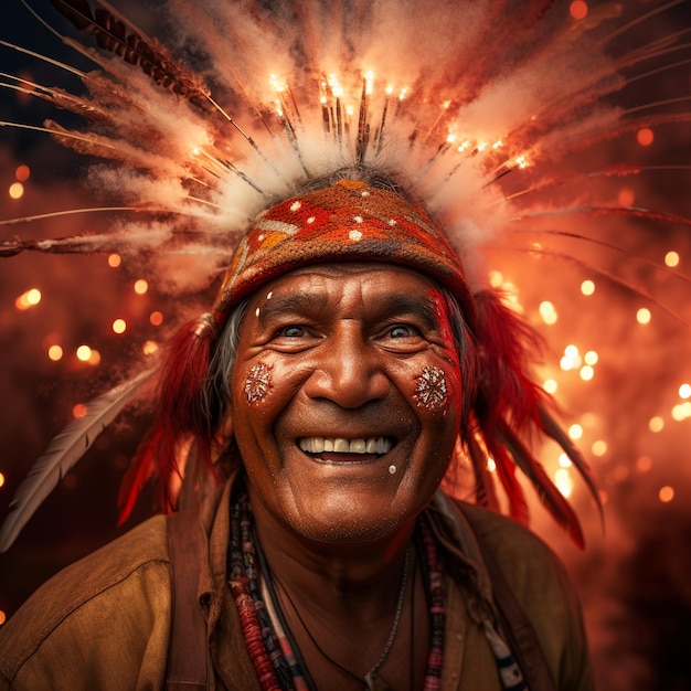 photo of an Indian man smiling in front of fireworks