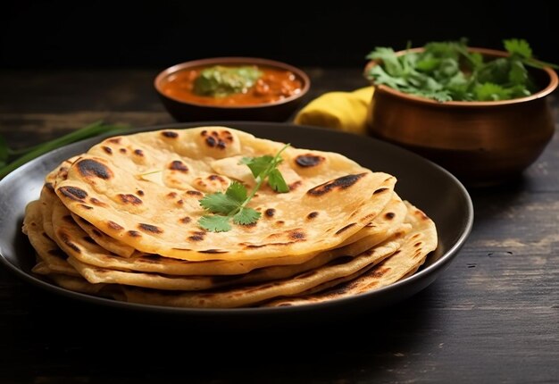 Photo of Indian roti food with yummy chicken curry and masala curyy