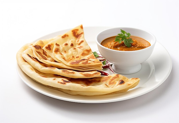 おいしいチキンカレーとマサラキュリーを添えたインドのロティ料理の写真