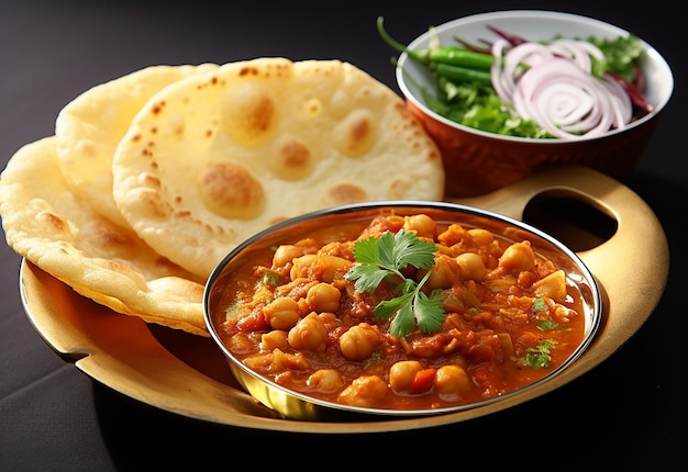 Photo of Indian roti food with yummy chicken curry and masala curyy