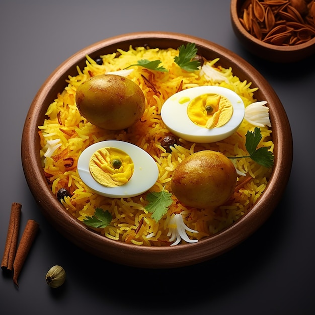 Фото индийской острой бирияни из курицы и яиц с карри