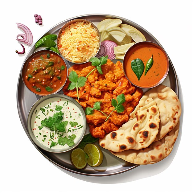 Photo photo of indian style top view food thali with eggs and chicken steamed rice on white background