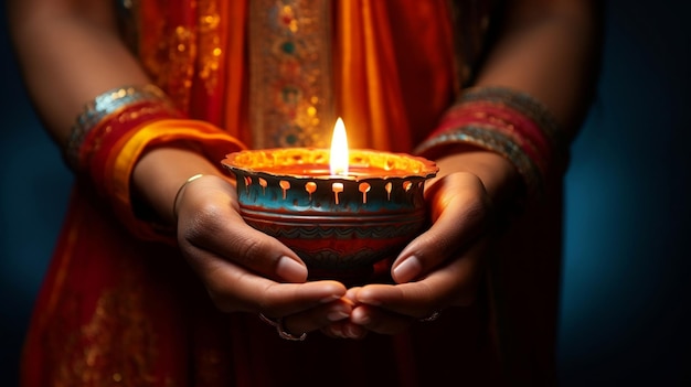 Фото индийская женщина держит масляную лампу дия на фоне фестиваля счастливого Дивали