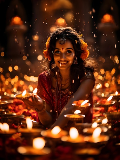 Photo indian woman ready for celebrating Diwali or Deepavali festival with oil lamps generative ai