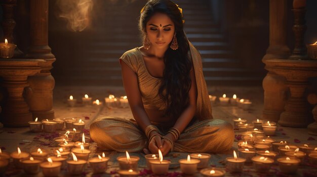 Photo of an indian woman sitting in front of a candle