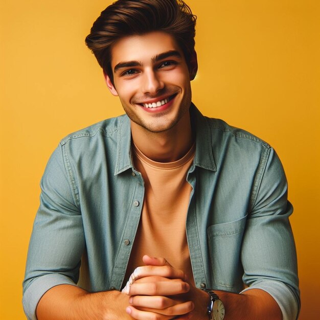 photo indoor picture of cheerful handsome young man having folded hands Yellow Background