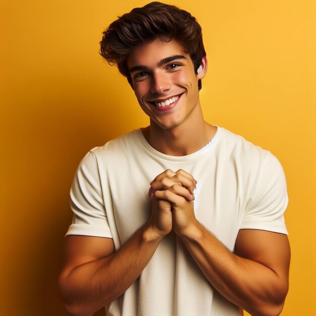 photo indoor picture of cheerful handsome young man having folded hands Yellow Background