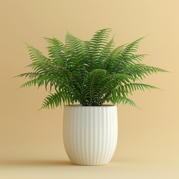 Photo of indoor plants Boston Fern Nephrolepis exaltata in a white pot on isolated yellow background