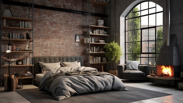 A Photo of a Industrial Inspired Loft Bedroom with Exposed Brick and Concrete