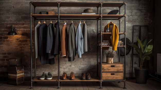 A Photo of Industrial Style Clothing Rack with Hanging Space and Shelves