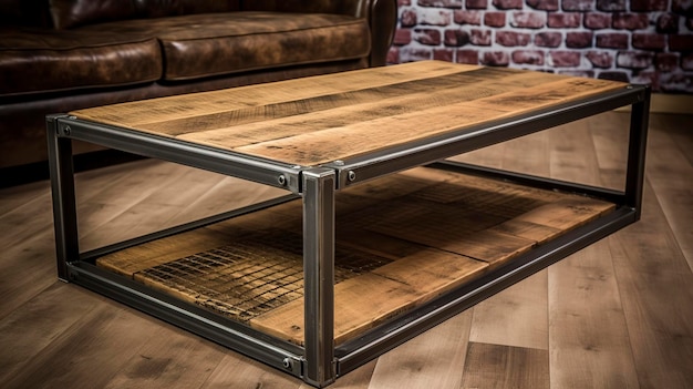Foto una foto di un tavolo da caffè in stile industriale con telaio in legno e metallo riciclato