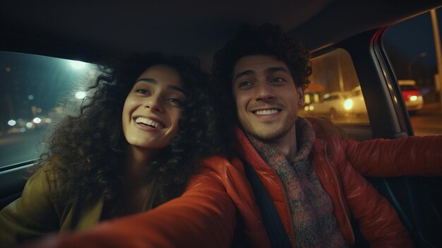 a photo inside a car of a happy latin couple front shot ultra realistic cinematic style and night b