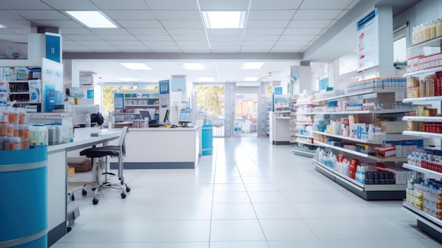 Foto foto all'interno degli scaffali delle farmacie con molti farmaci e prodotti ultra fotorealistici