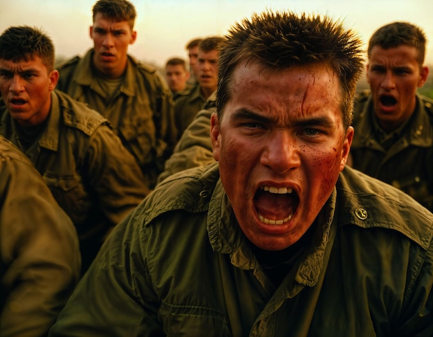 Foto foto di un uomo soldato intenso in uniforme militare e casco in una guerra seria e pericolosa che discute con un'altra ia generativa