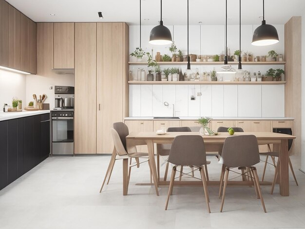 photo interior of the kitchen area of a modern office with a long wooden table and chairs