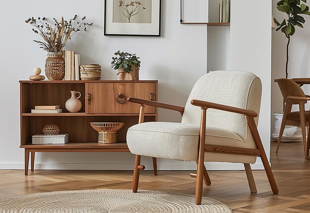 Photo of interior living room decoration with wooden arm chair