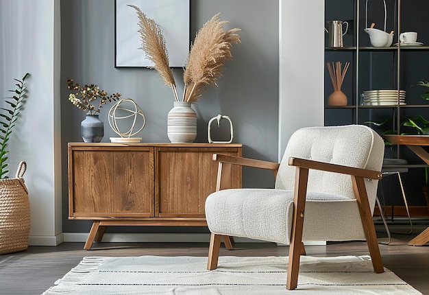 Photo of interior living room decoration with wooden arm chair