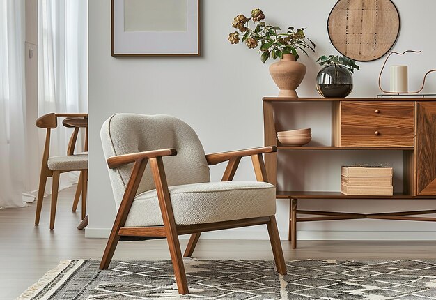 Photo of interior living room decoration with wooden arm chair