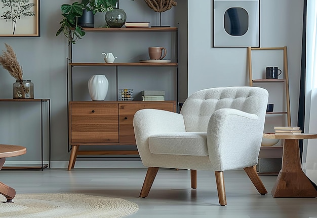 Photo of interior living room decoration with wooden arm chair