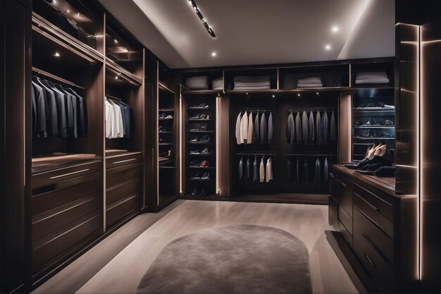 A photo of the interior of a luxury male wardrobe full of expensive suits shoes and other clothes