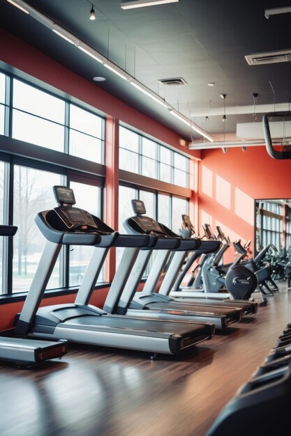 Photo a photo of a interior of a modern fitness center gym club with a workout room with treadmills on a sunny day in the morning