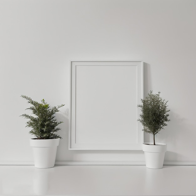 白い壁の部屋で植物の鉢の花と植物の写真のインテリアポスターモックアップ