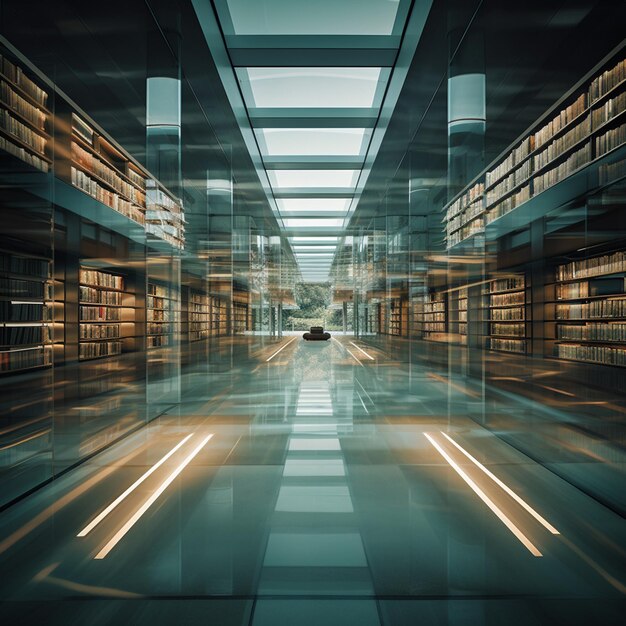 Photo interior of a public library that is abstractly blurred bookshelves and room are