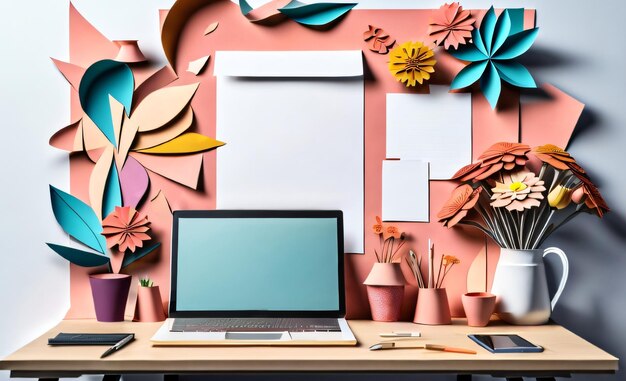 Photo photo interior wall with flower vase with laptop smartphone on work table