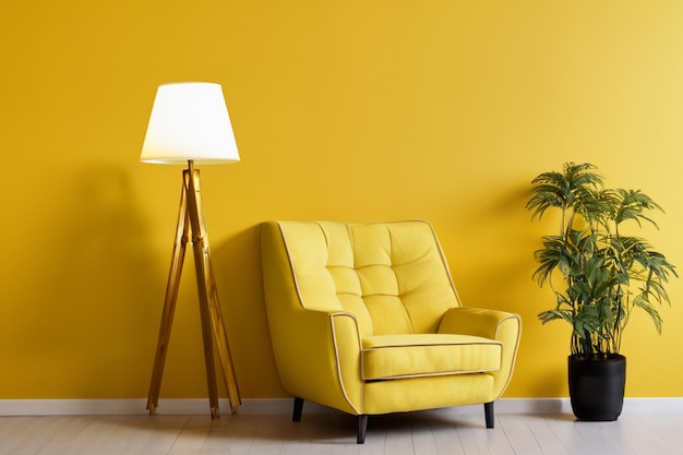 Photo interior yellow tone with soft armchair and lamp