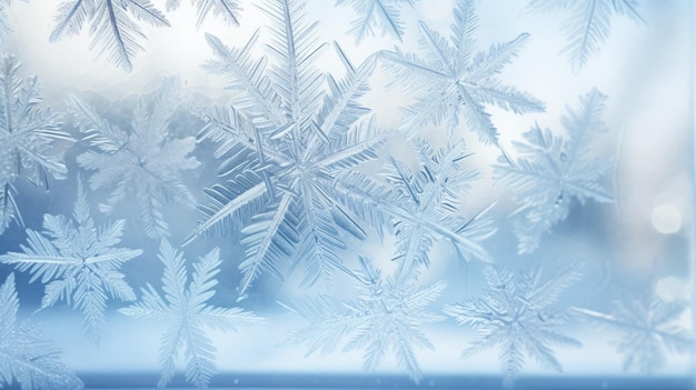A photo of intricate snowflakes on a windowpane snowy landscape backdrop