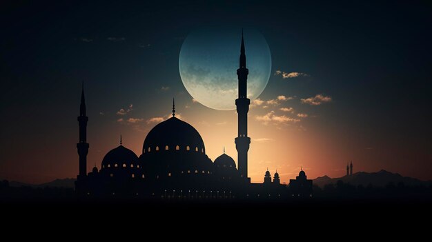 A photo of an Islamic crescent moon and mosque