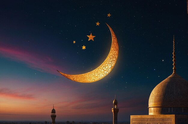 Photo Islamic crescent moon and star against a vibrant sky