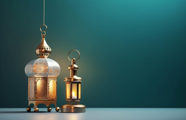 Фотография исламского золотого исламского фонаря с копировальным космическим фоном для приветствия ид фитр или адха