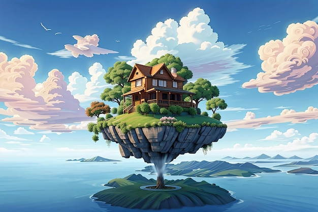 Photo island with house and trees floating in the air on sky backgroundfloating land