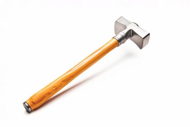 A photo of an isolated metal hammer its steel head and wooden handle representing a versatile tool for construction repair and woodworking