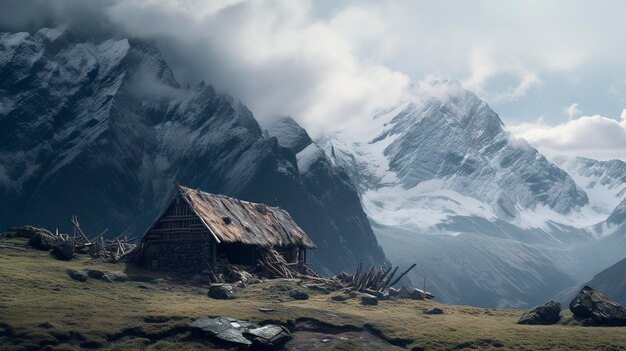 A photo of an isolated mountain hut